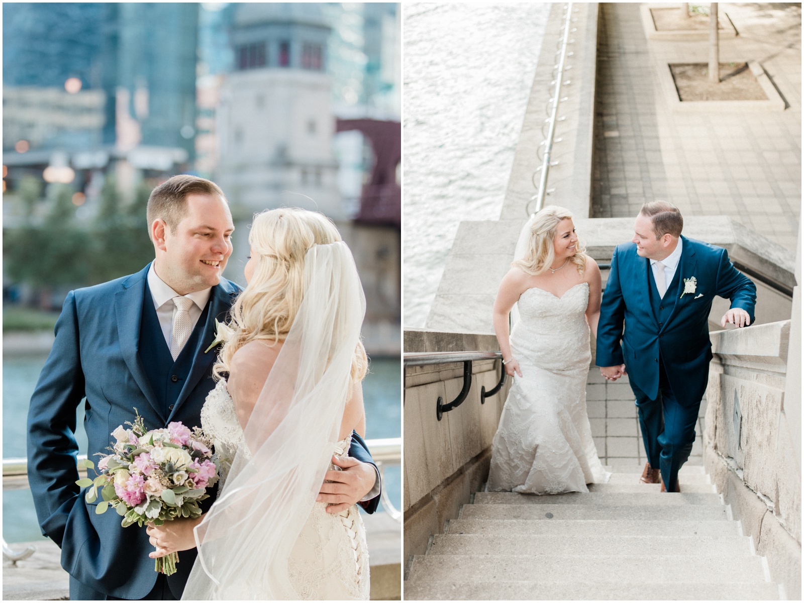 bride and groom at chicago riverwalk