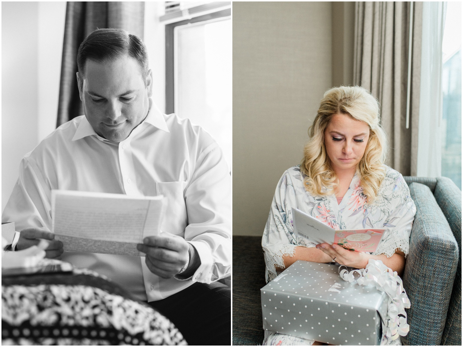 bride and groom reading letters