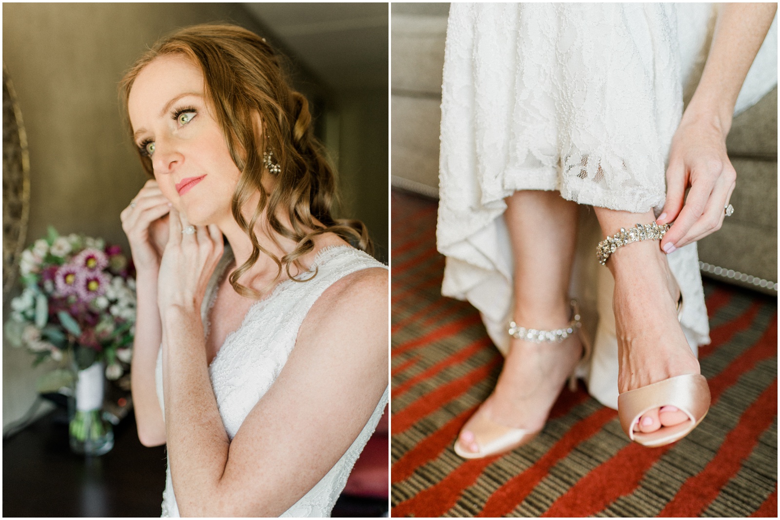 Bride putting earrings and shoes on