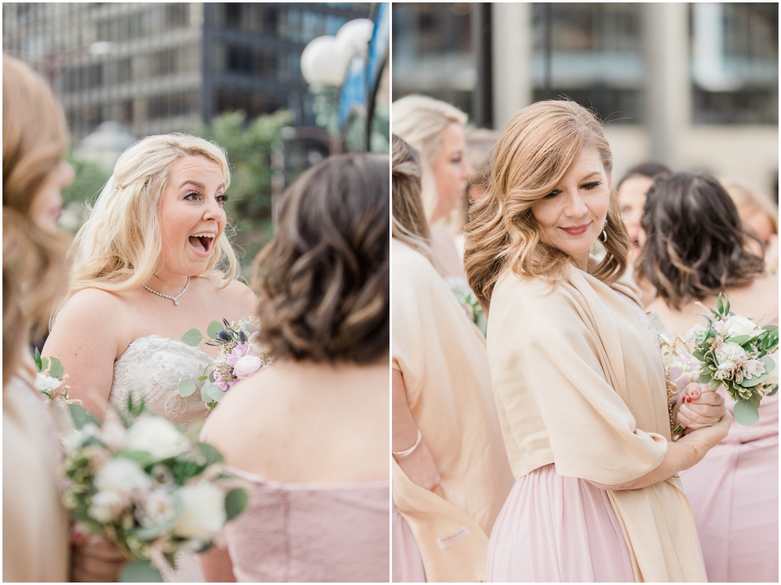 bridesmaids wearing blush gowns