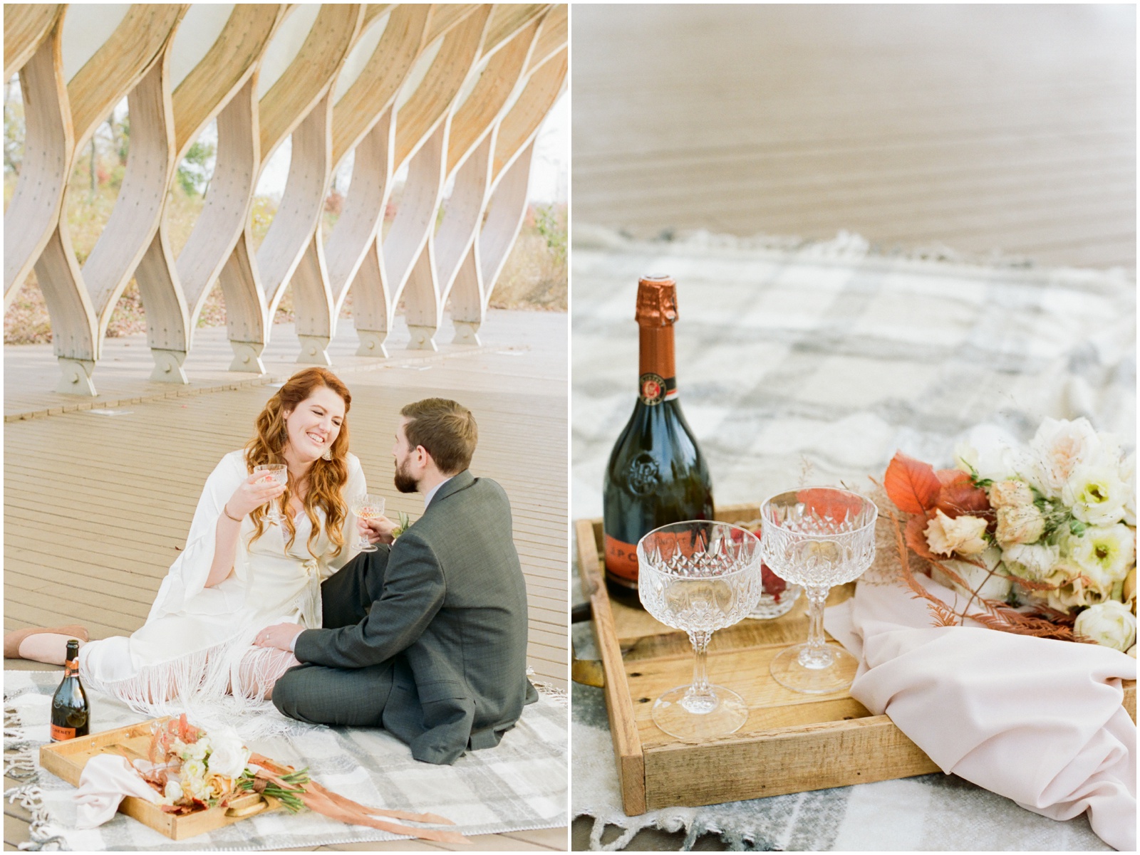 bride and groom drinking champagne during elopement
