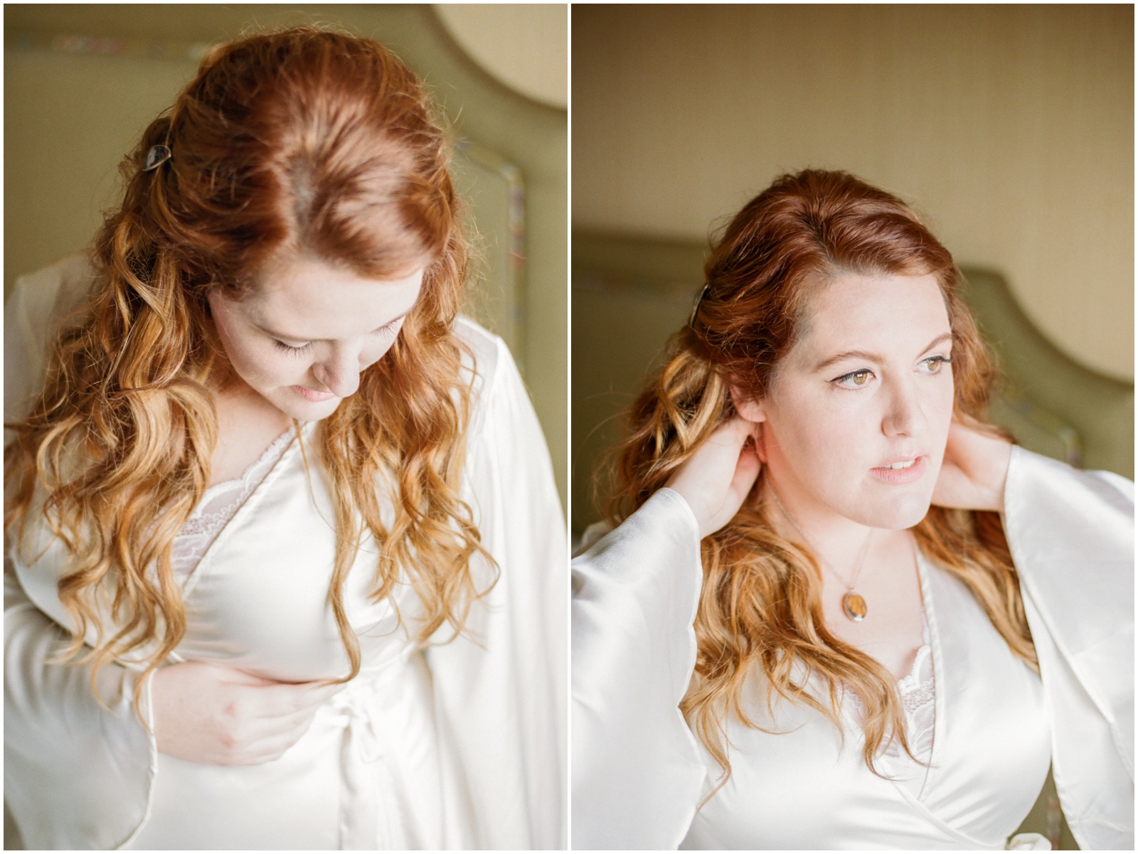 red haired bride putting on necklace