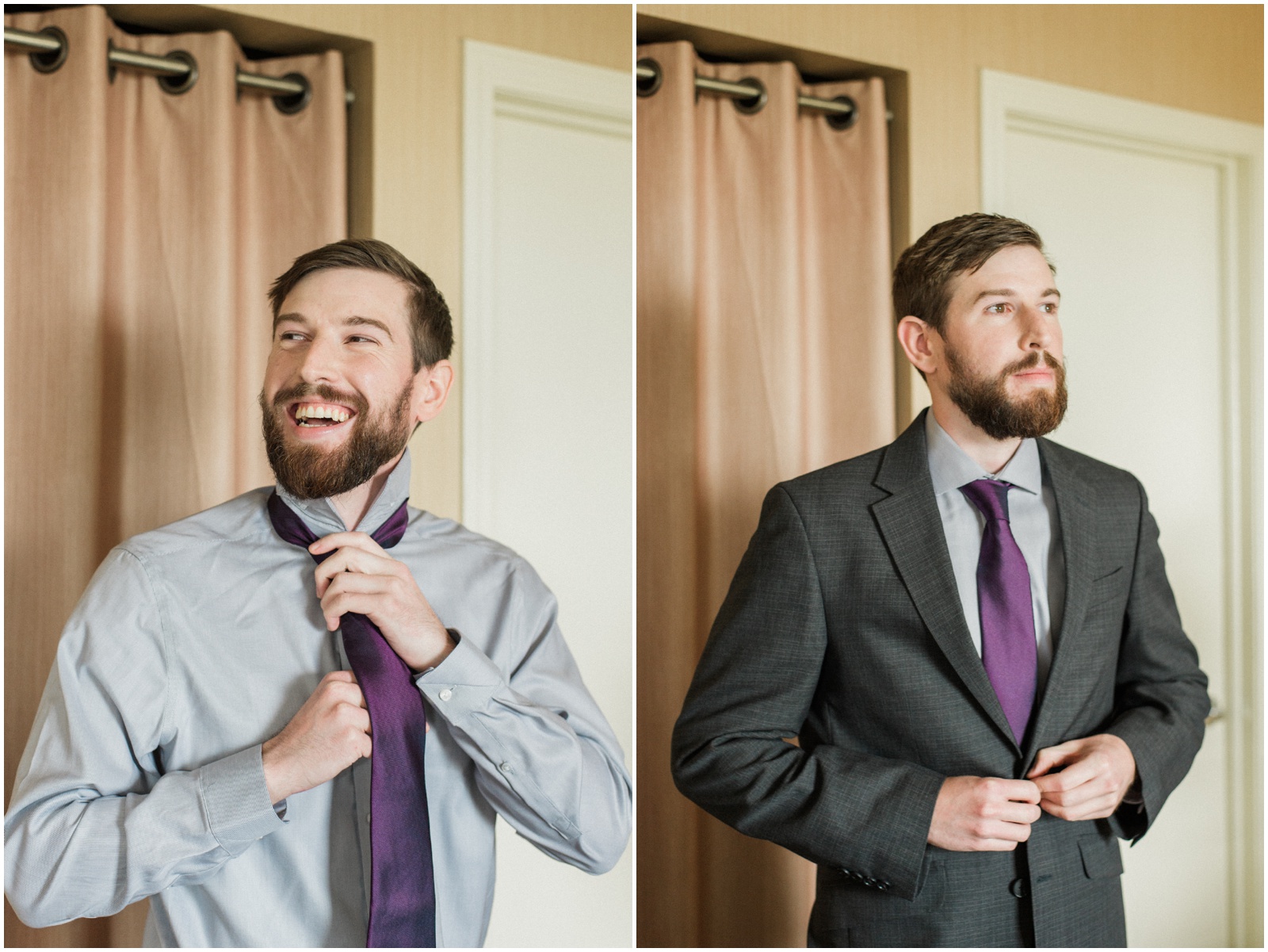 groom putting on purple tie and grey suit