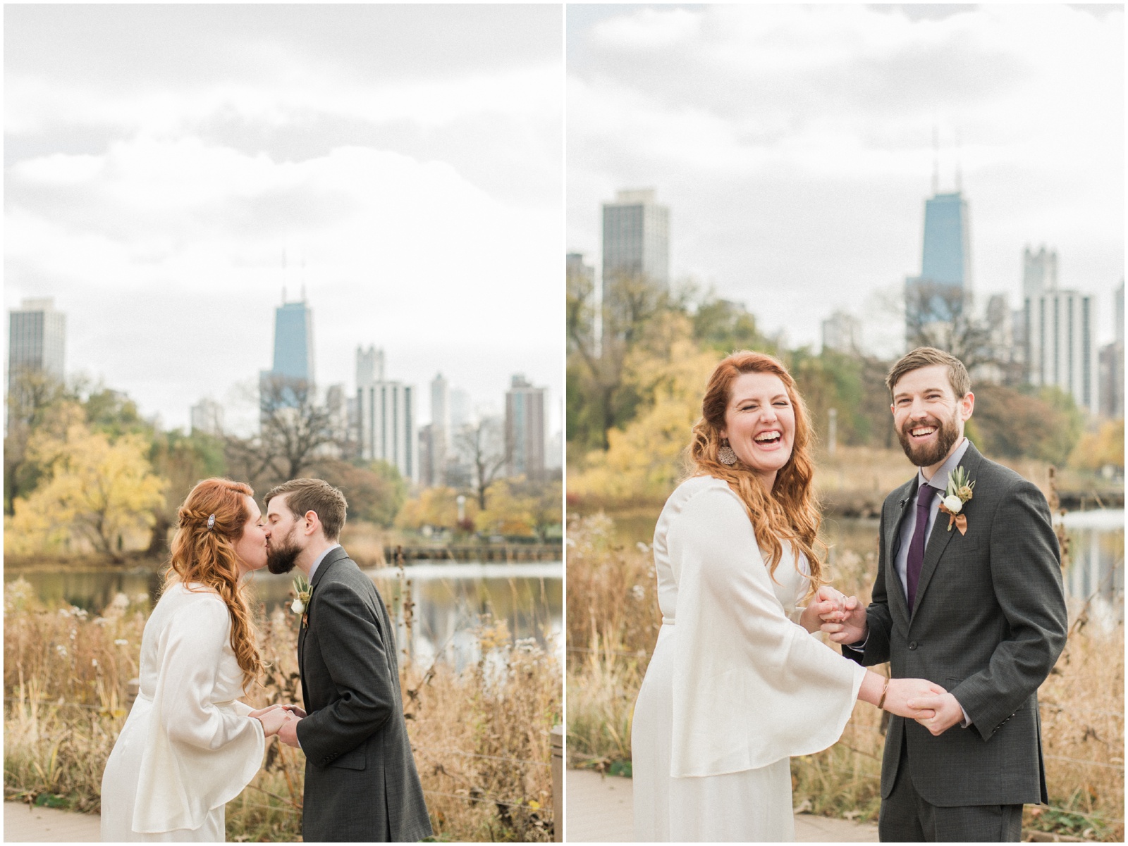 bride and groom kiss in front of skyline during elopement