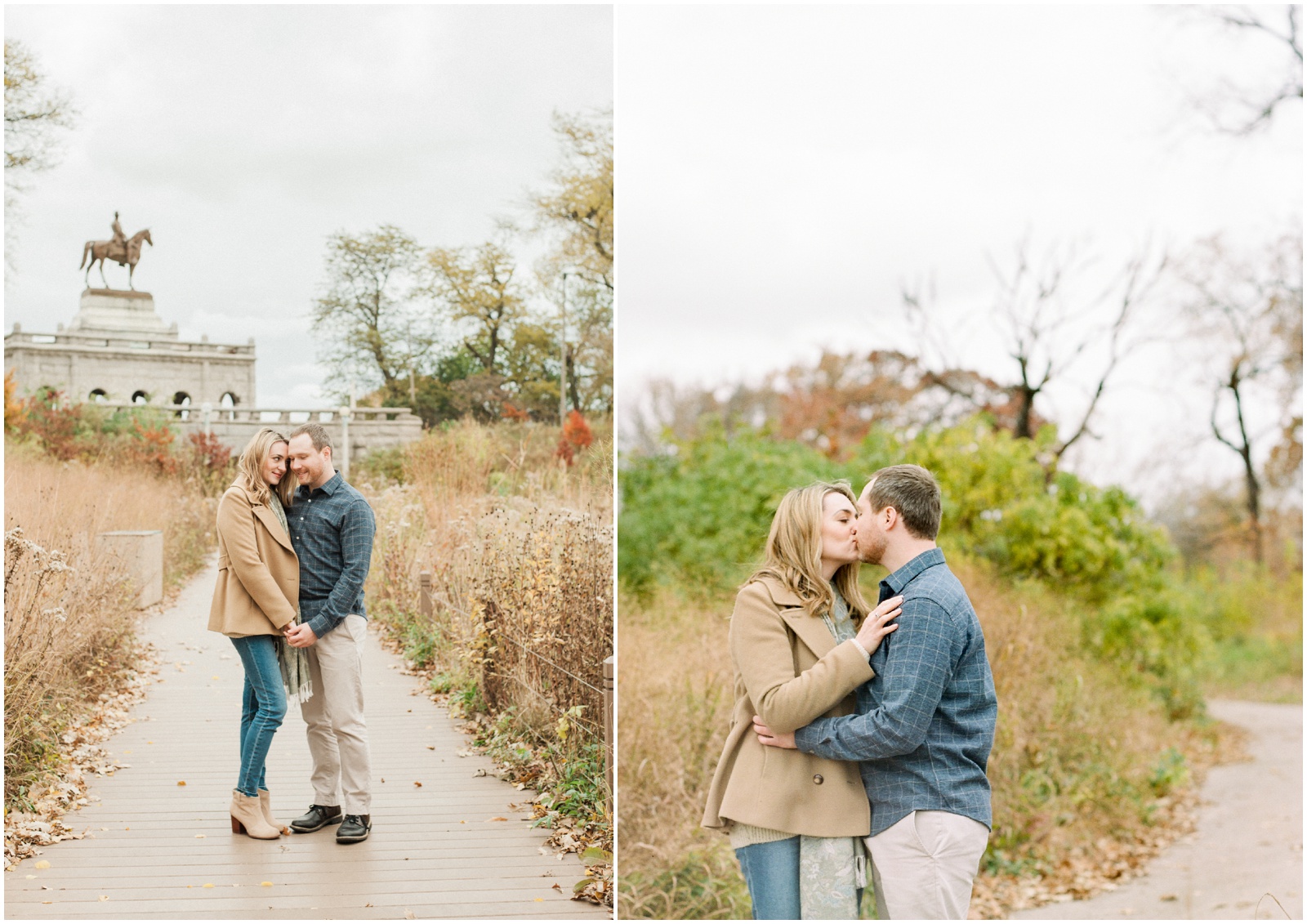 couple kissing in a park during fall