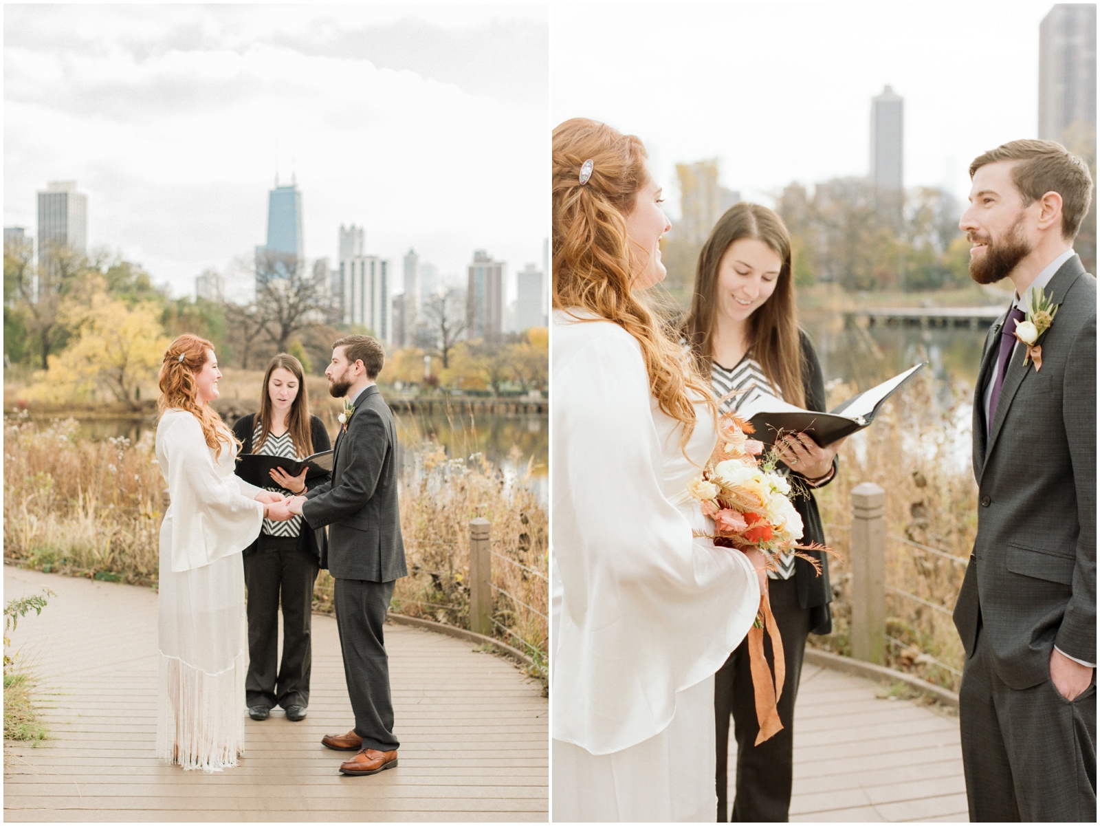 bride and groom saying vows in front of skyline for elopement