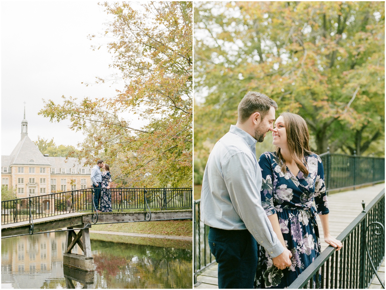 couple smiling at each other on a bridge