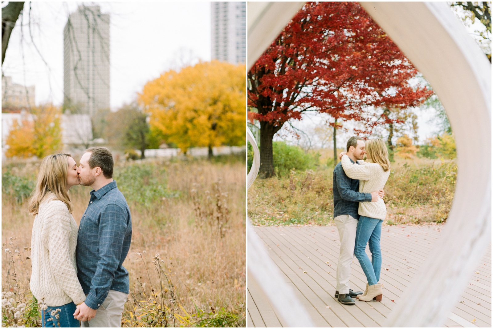 couple kissing in a park with bright trees