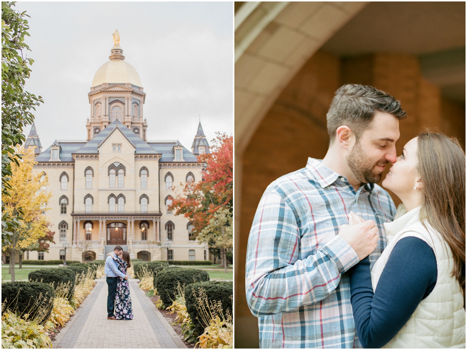 couple kissing at notre dame golden dome