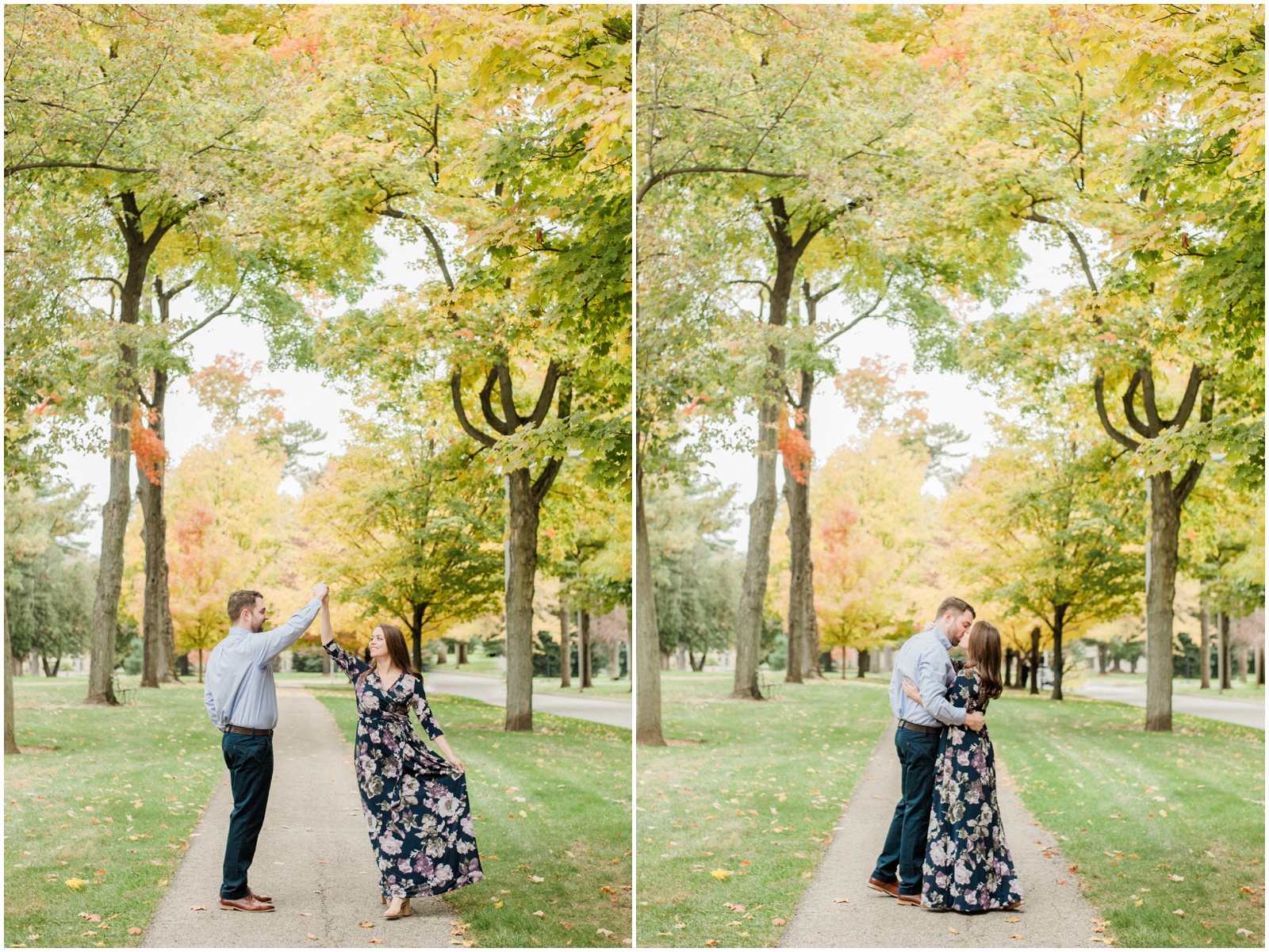 couple twirling and kissing on tree lined sidewalk