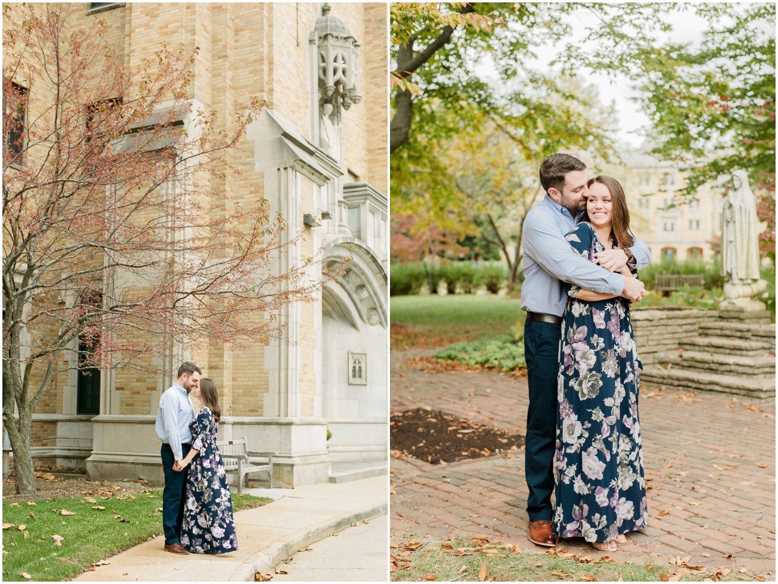 couple hugging by colorful trees on college campus