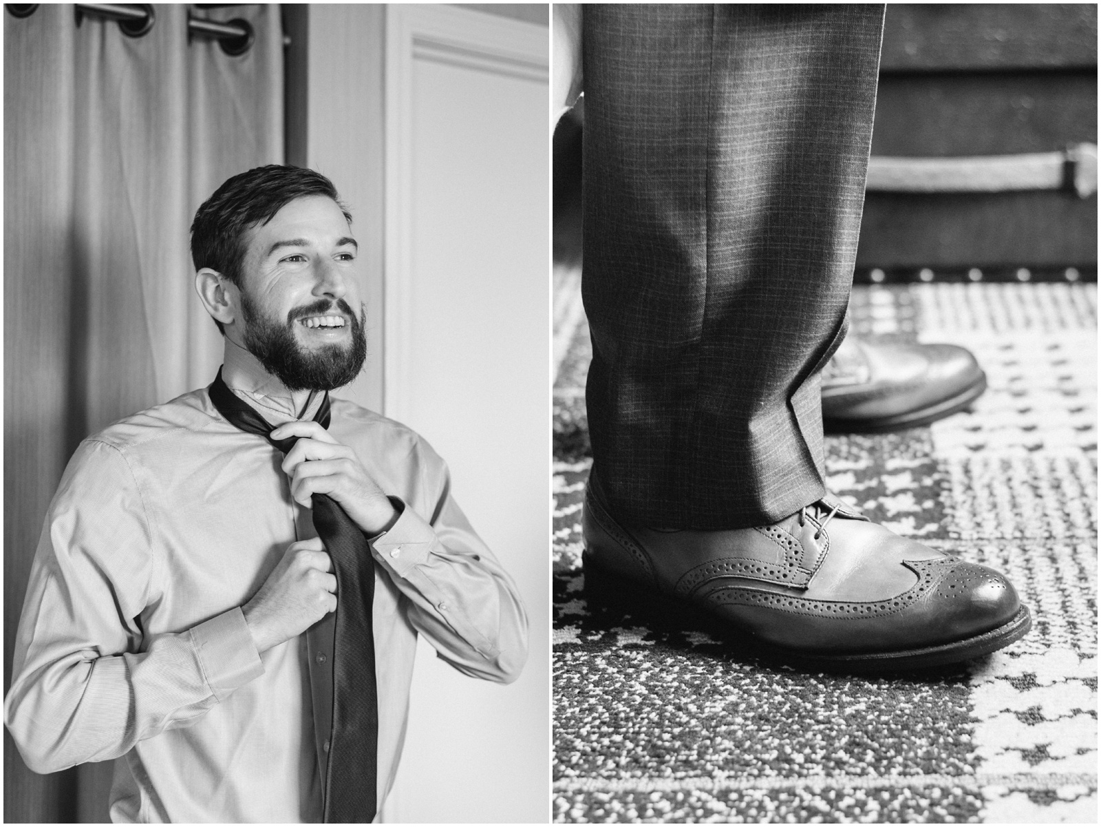 groom putting on tie and shoes