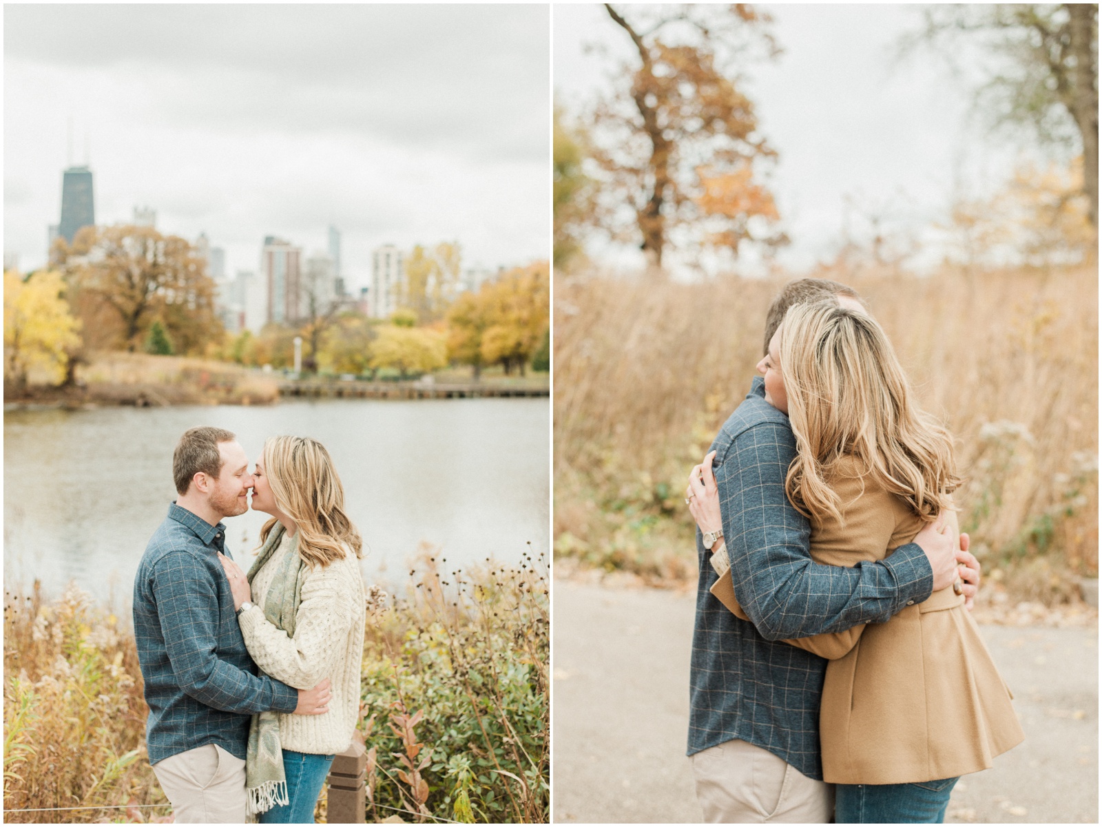 couple hugging in a park by a lake