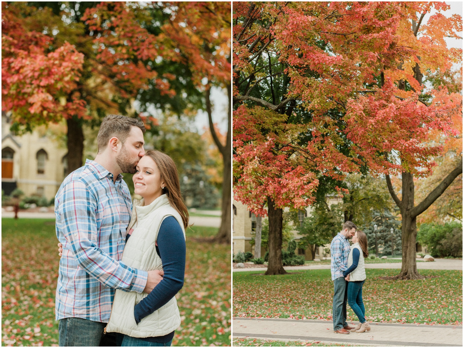 couple hugging in front of colorful trees