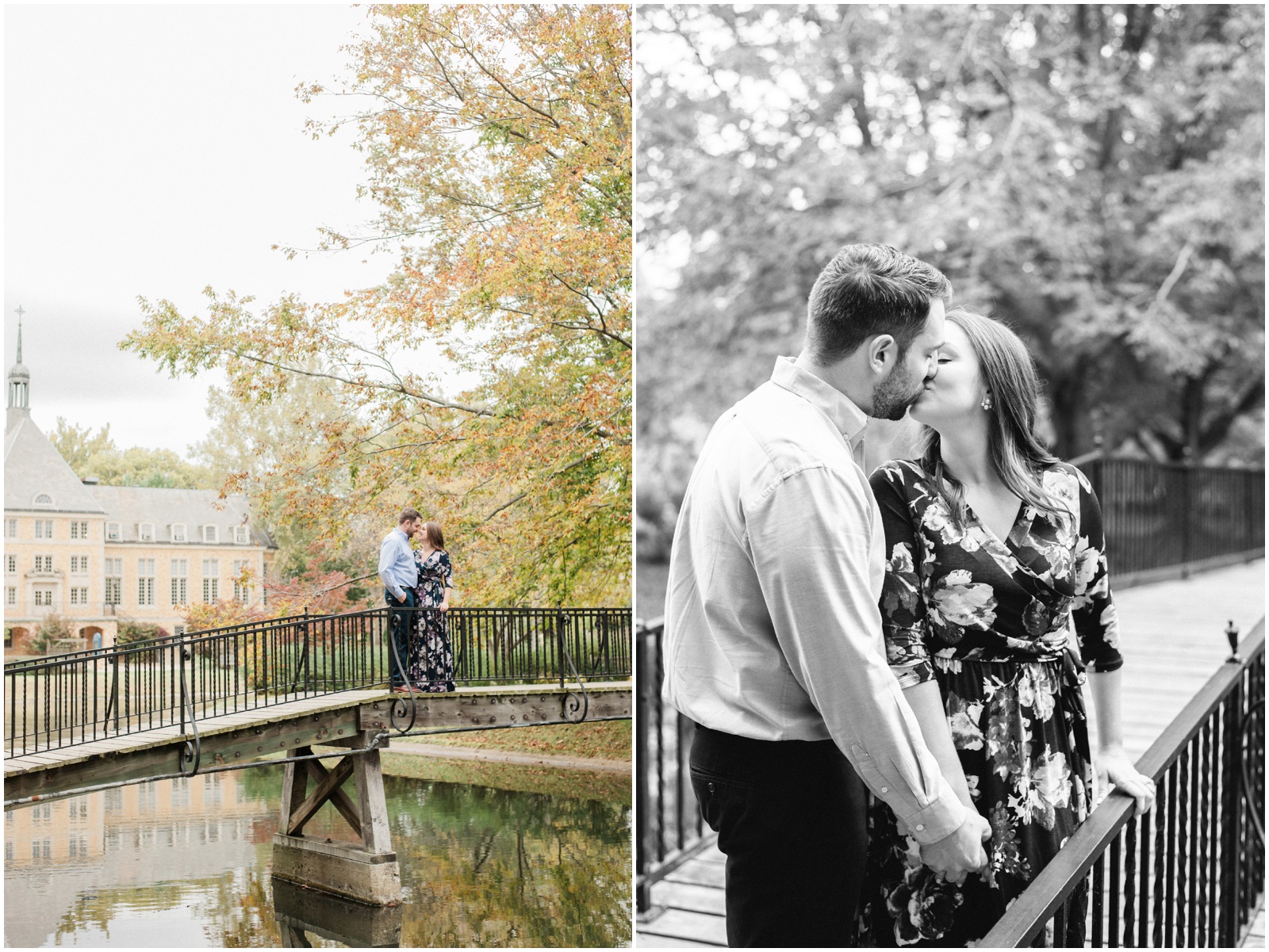 couple kissing on bridge over lake