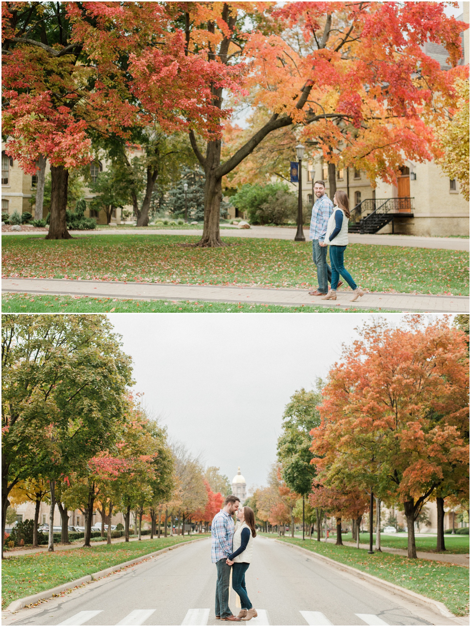 couple walking down campus sidewalk with colorful trees