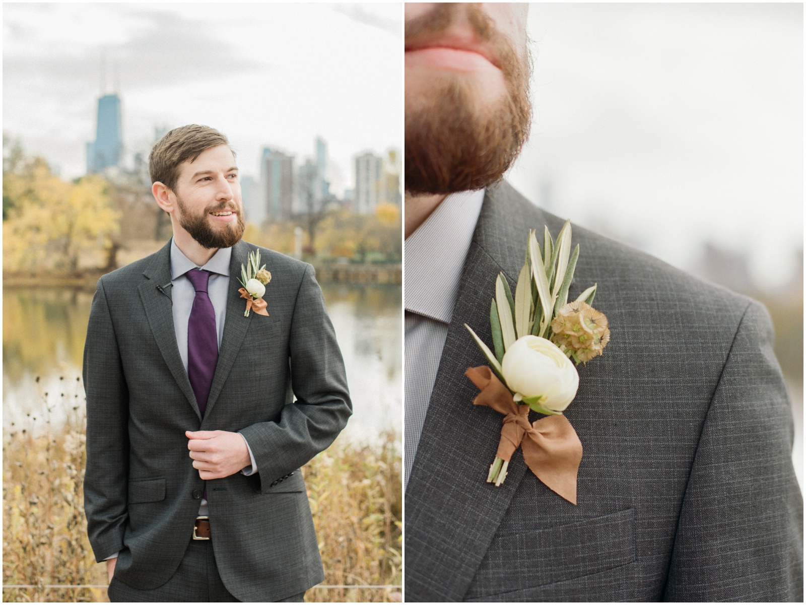 groom in grey suit with simple fall boutonniere