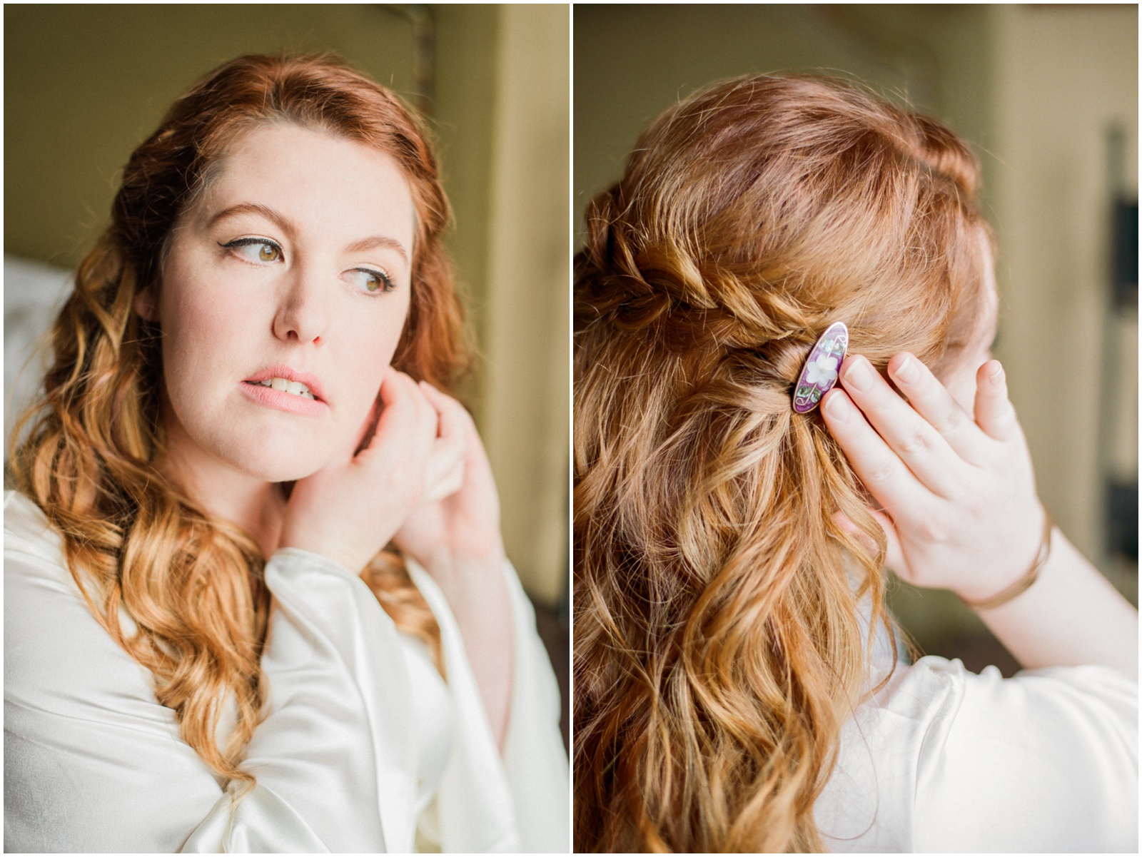 red haired bride putting on earrings