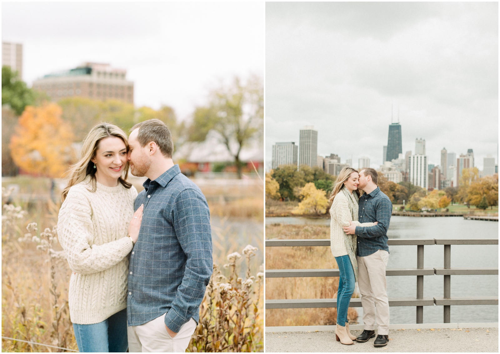 couple hugging on a bridge in front of skyline