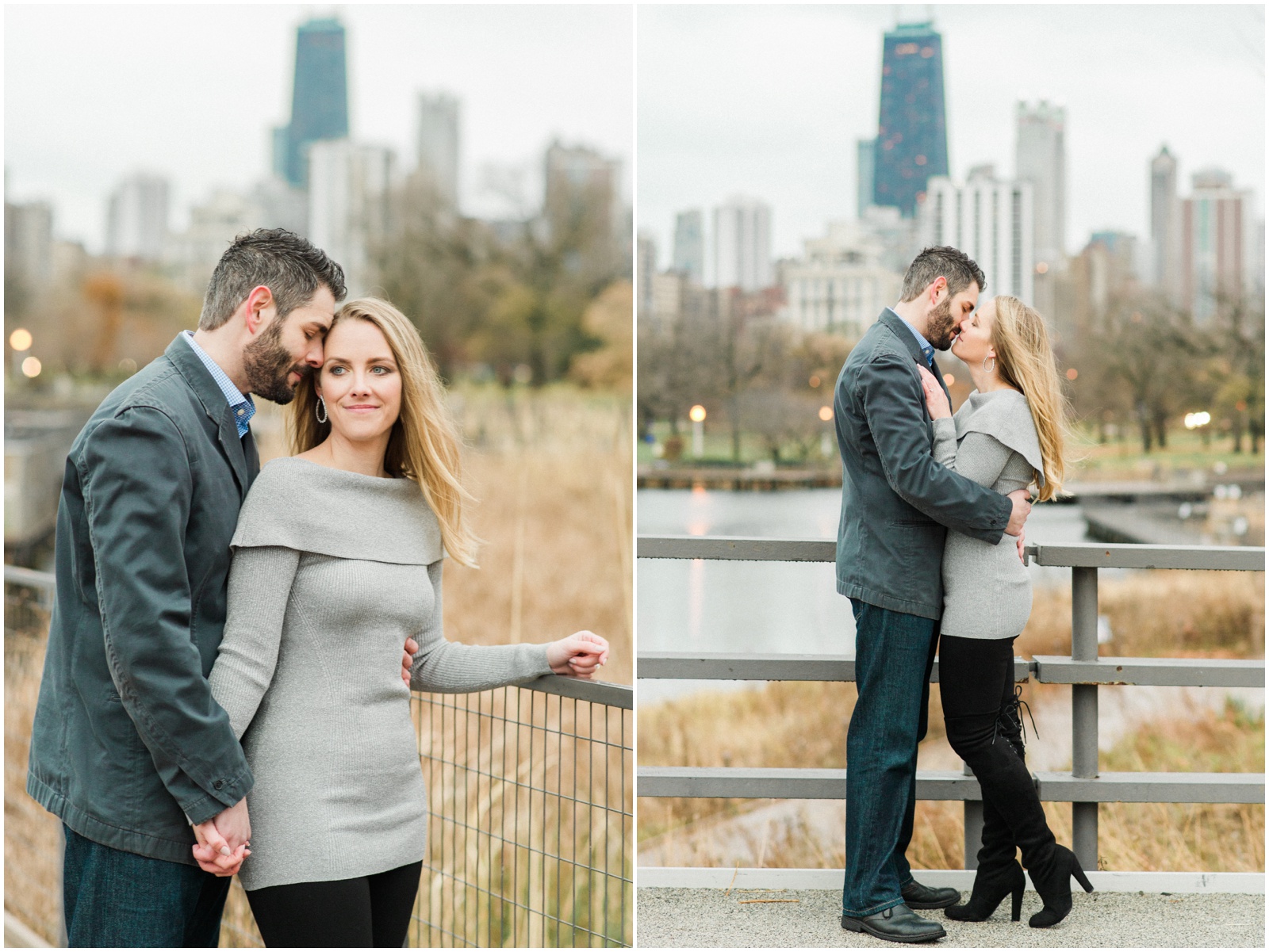 couple hugging on bridge overlooking skyline