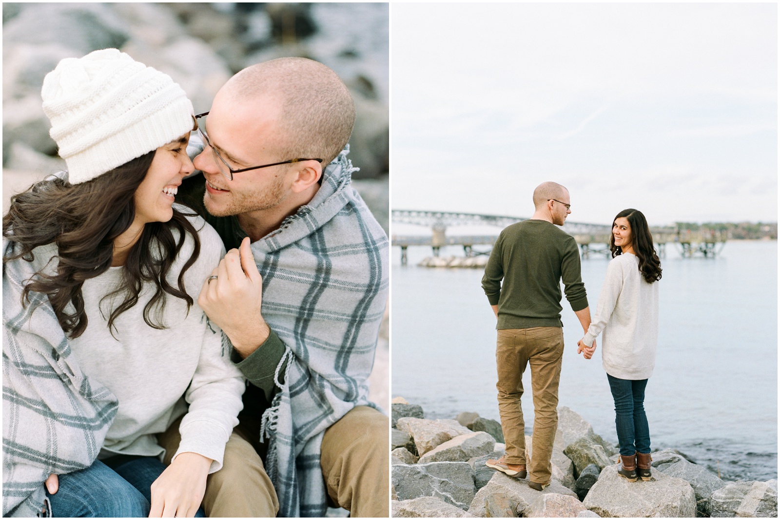 couple wrapped in a blanket for engagement session