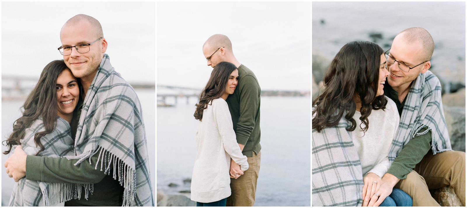 couple holding hands wrapped in plaid blanket for cozy winter anniversary session