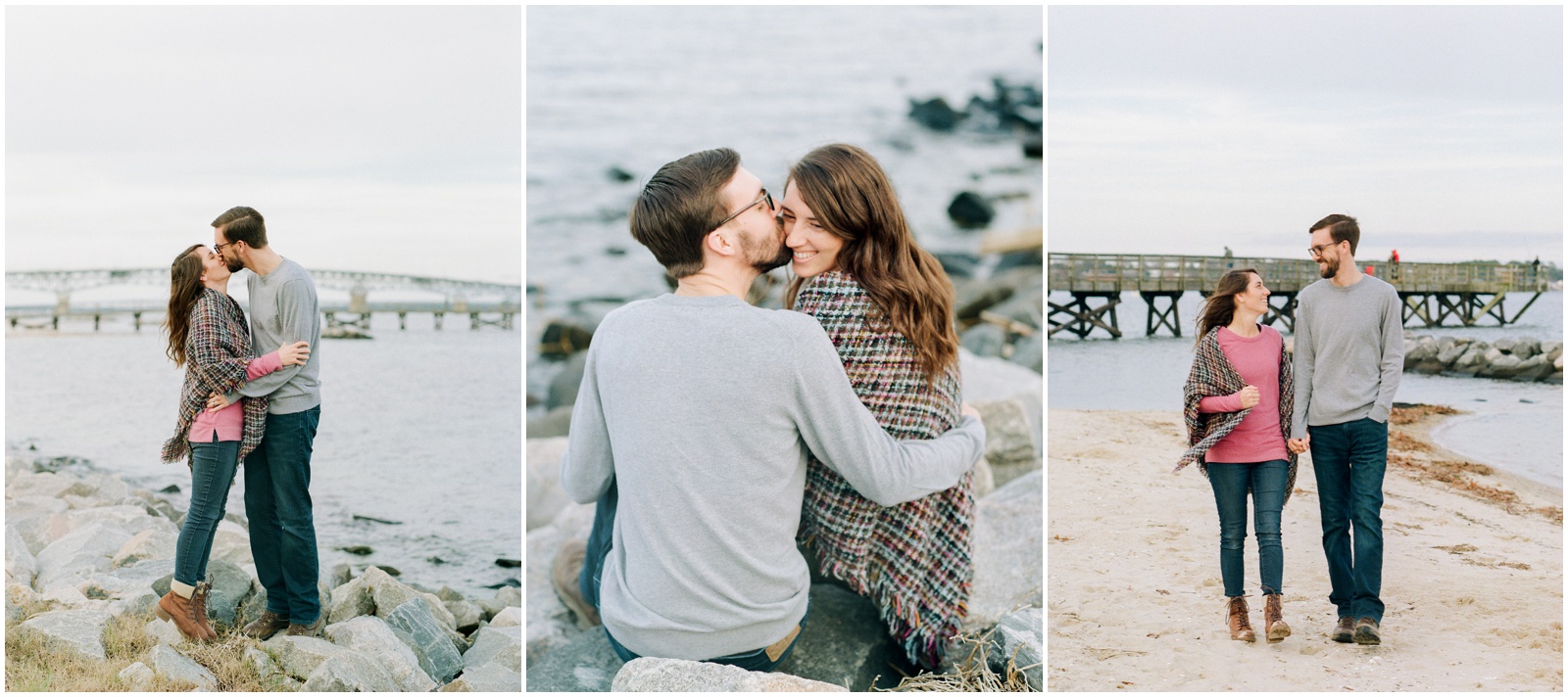 couple cuddling on rocks by beach and river
