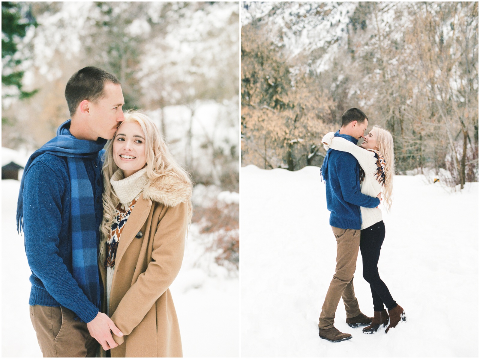 couple standing in snow for engagement session