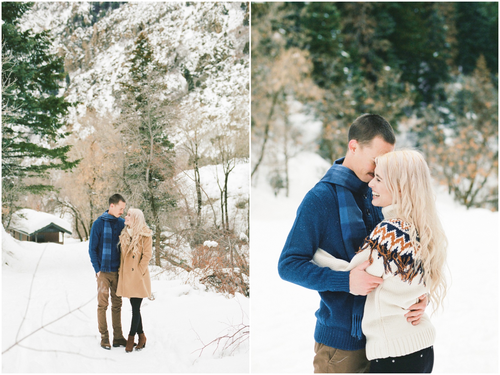couple wearing cozy winter outfits walking in snow during engagement session