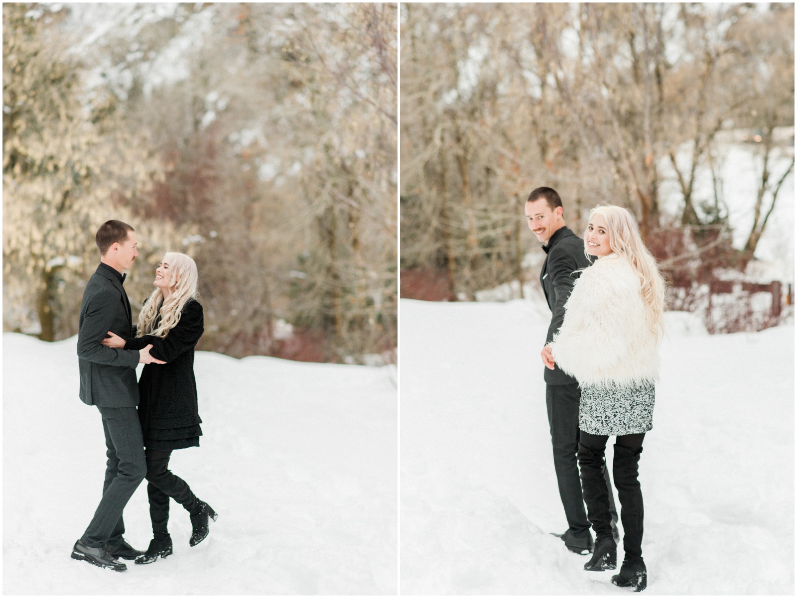 couple walking in snowy mountains for engagement session
