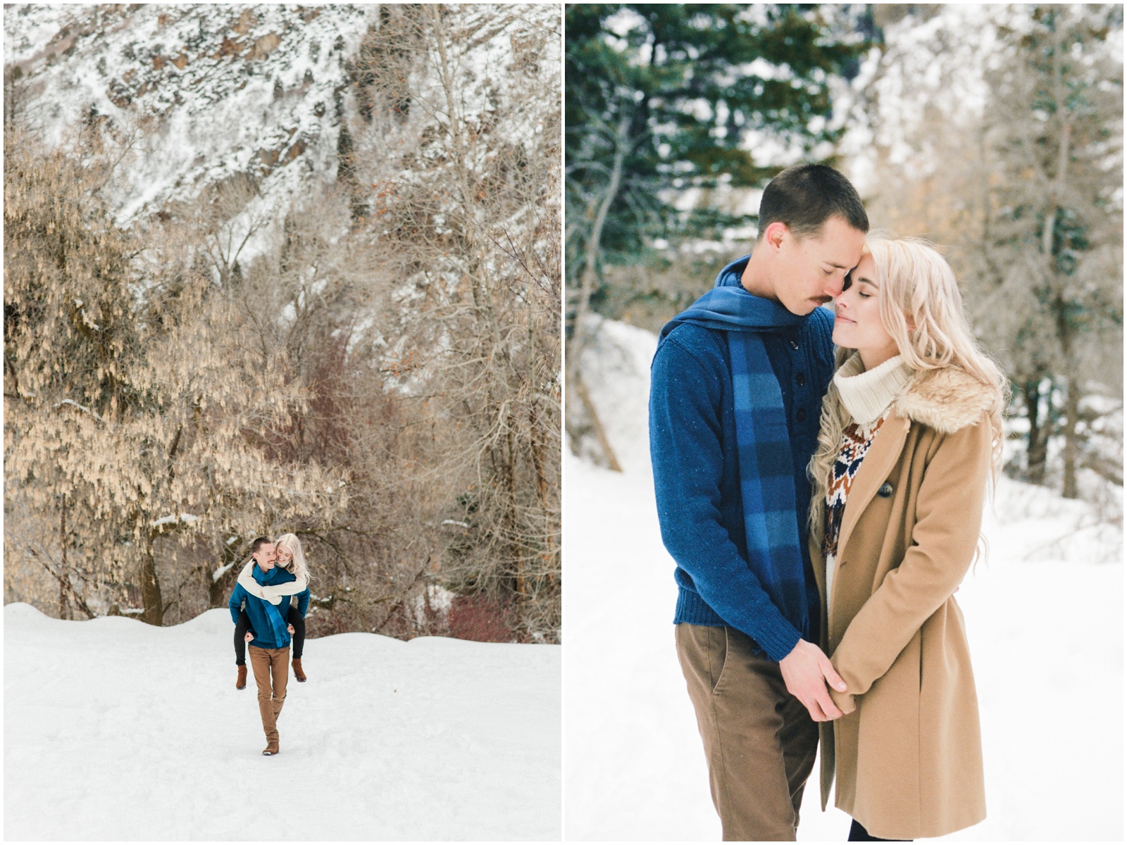 cute piggy back ride in the snow during engagement session