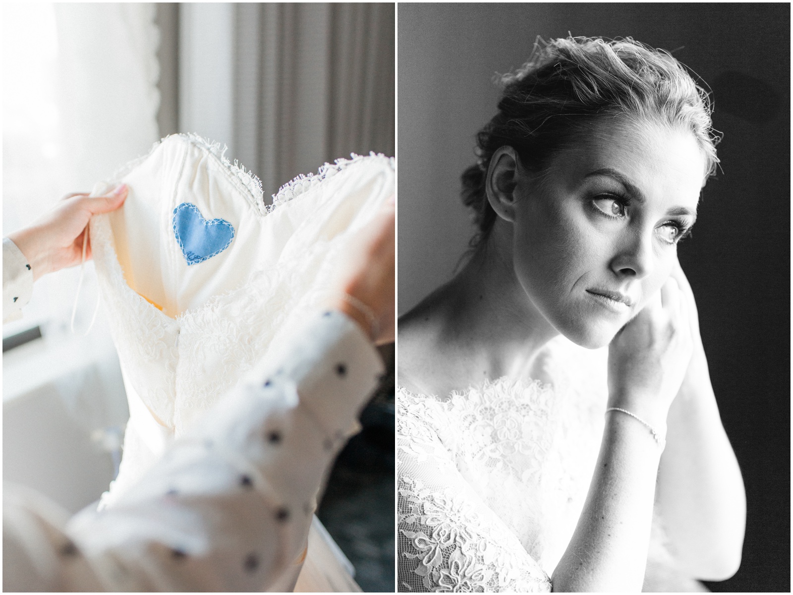 bride holding dress with blue heart sewn in