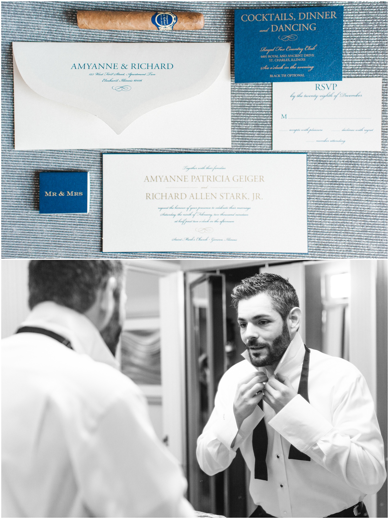 blue and white wedding invitations with matching cigar