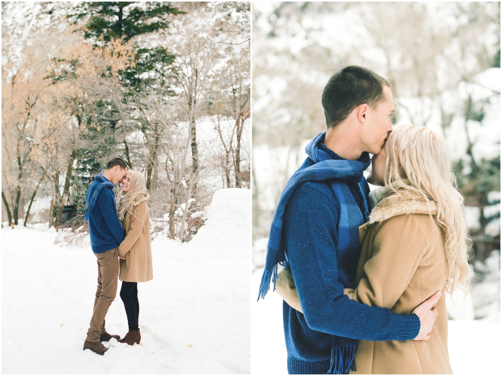 couple hugging in the snow during engagement session