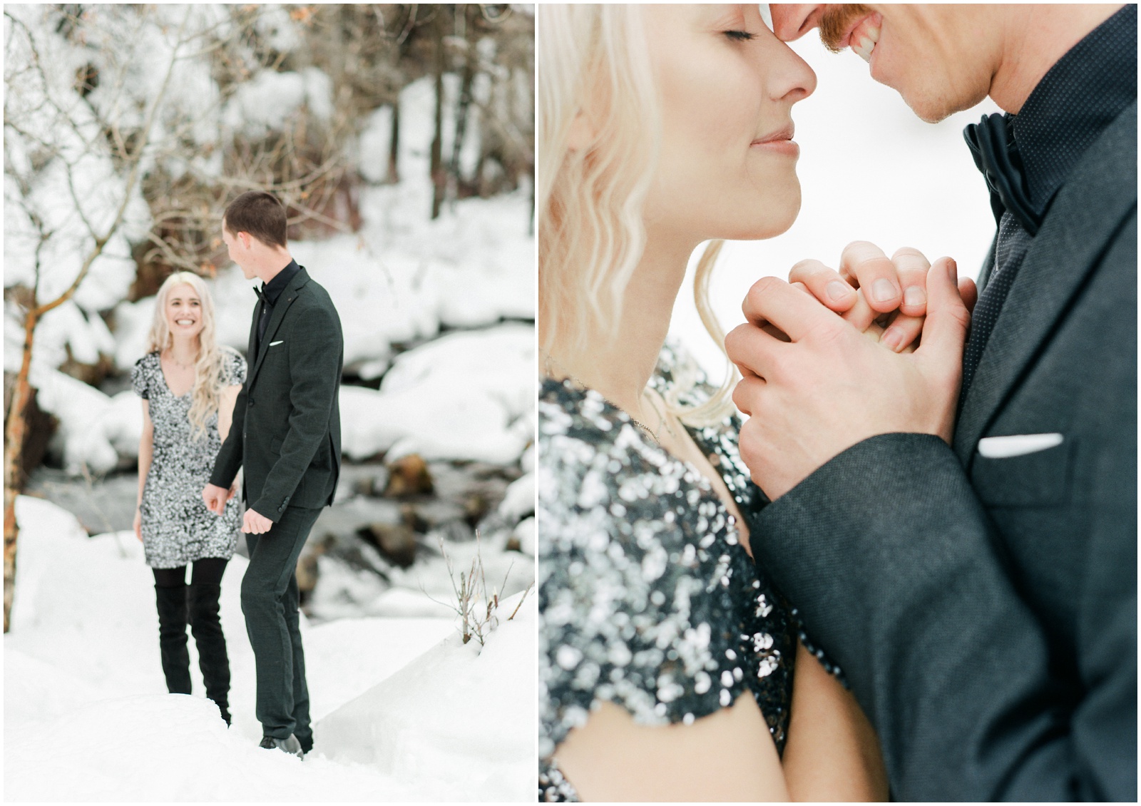 couple walking near creek in the mountains in the snow during engagement session