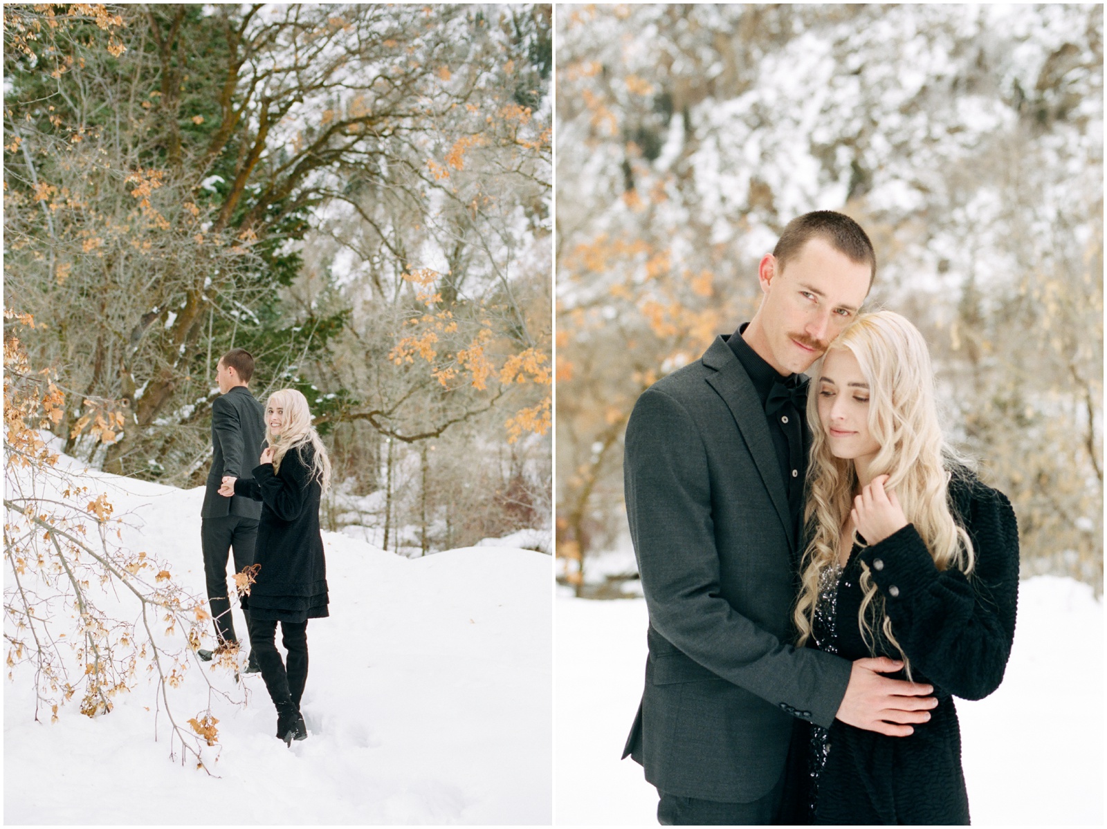 couple walking through snowy trail during engagement session