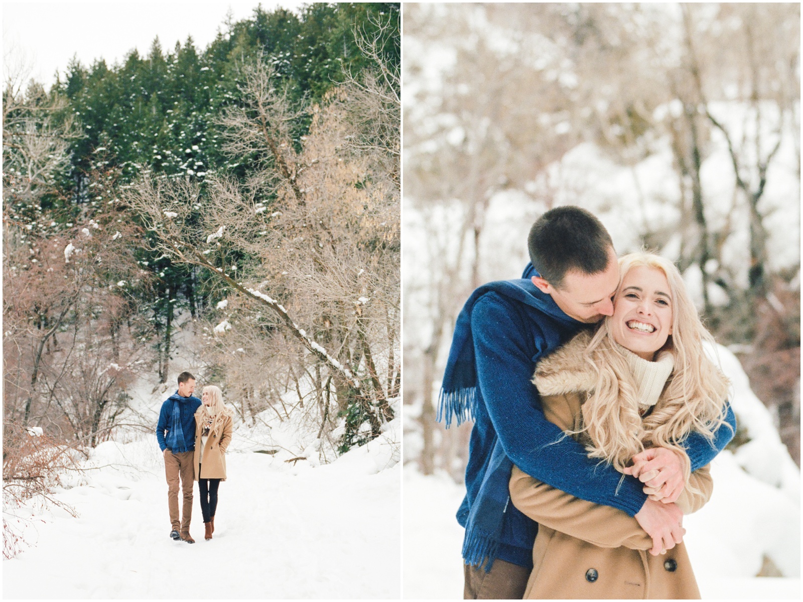 couple hugging during snowy engagement session