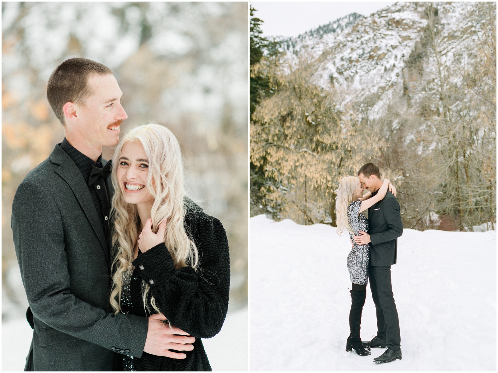 couple hugging in front of utah canyons in the snow