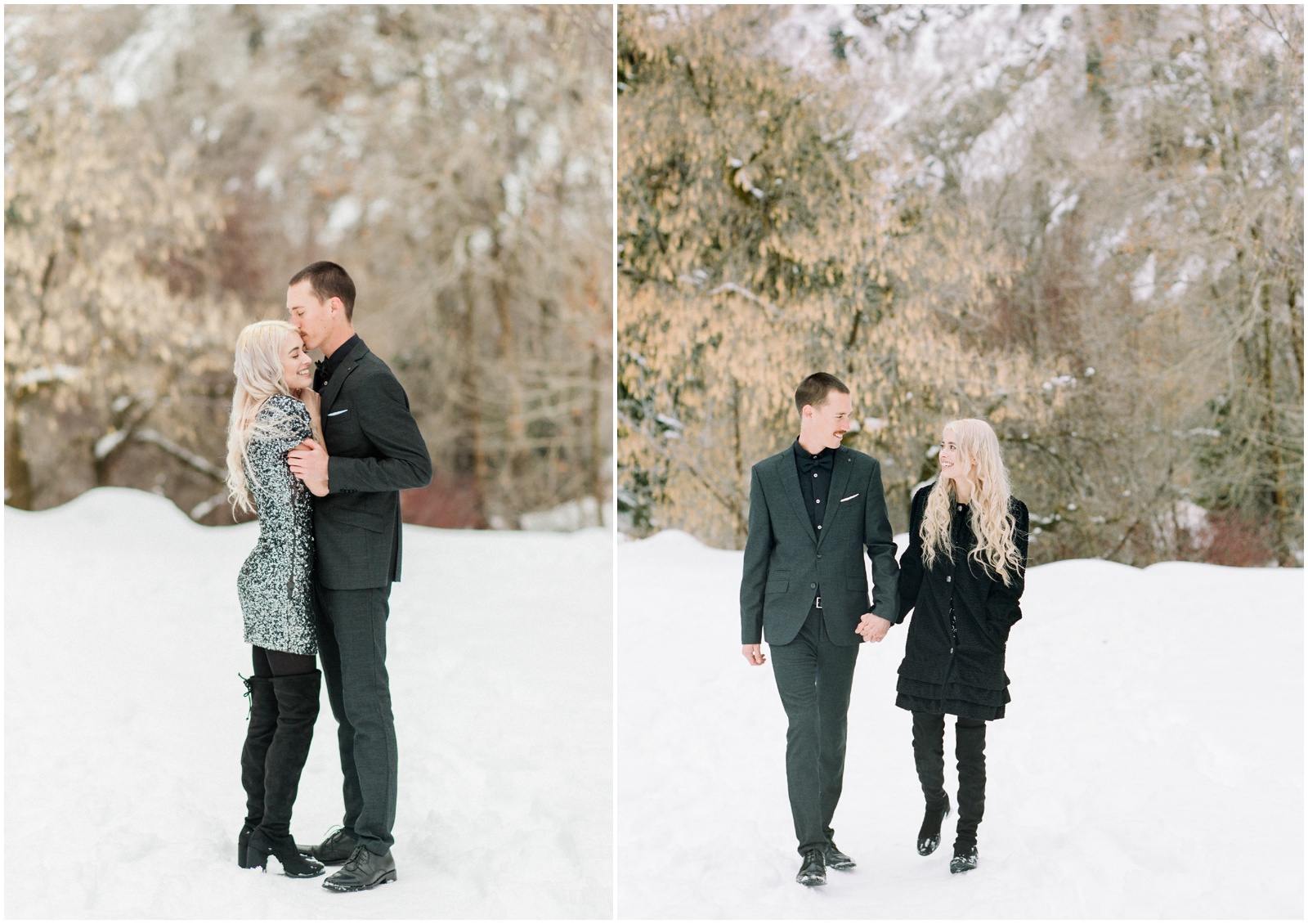 couple walking through the snow during engagement session