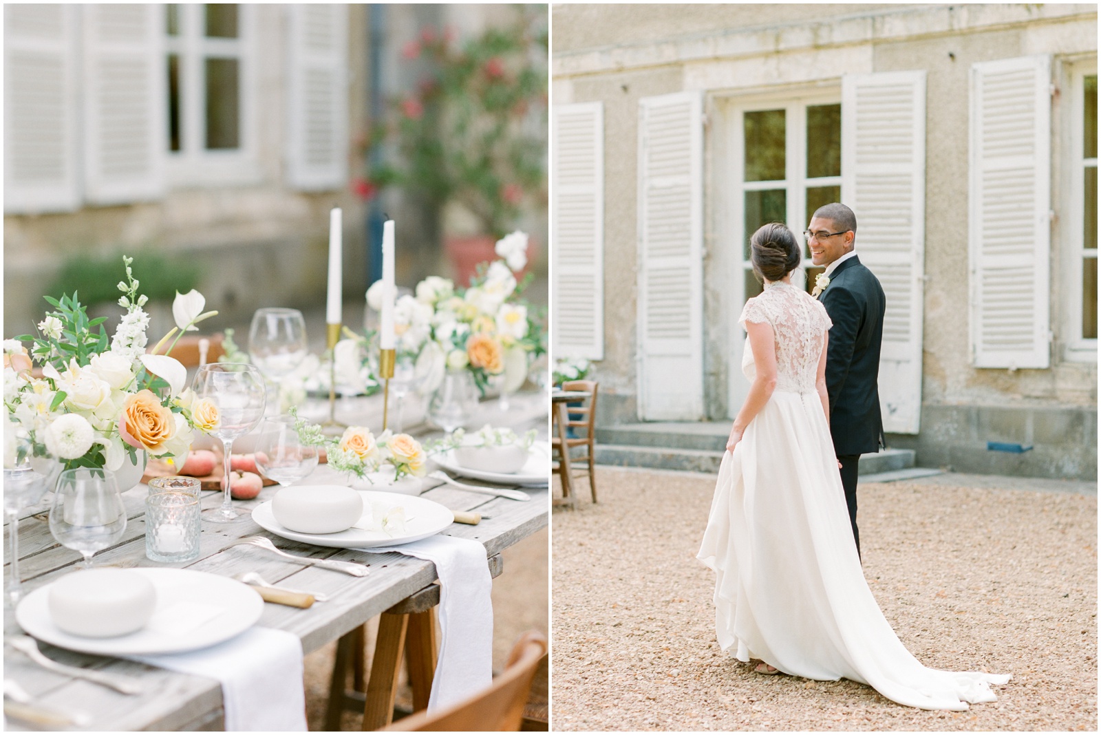 bride and groom walking outside french chateau for elopement