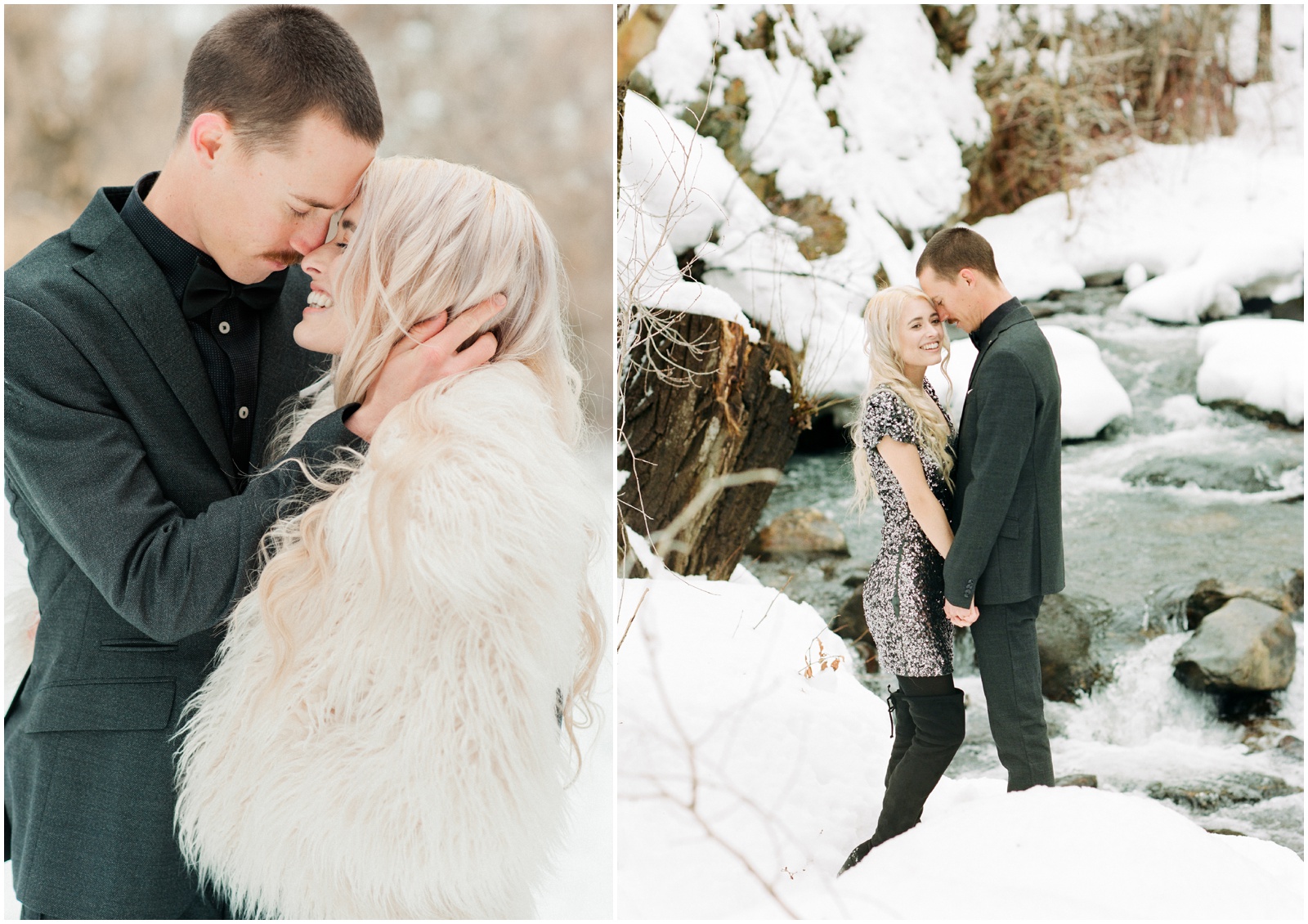 couple holding hands during winter engagement session in the mountains