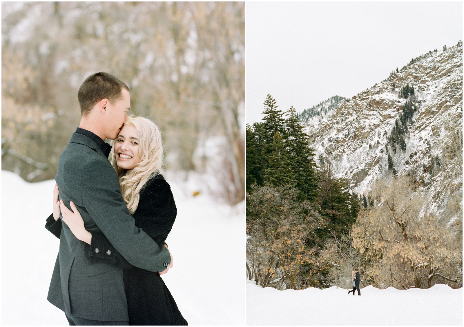 couple hugging in utah mountains for engagement session