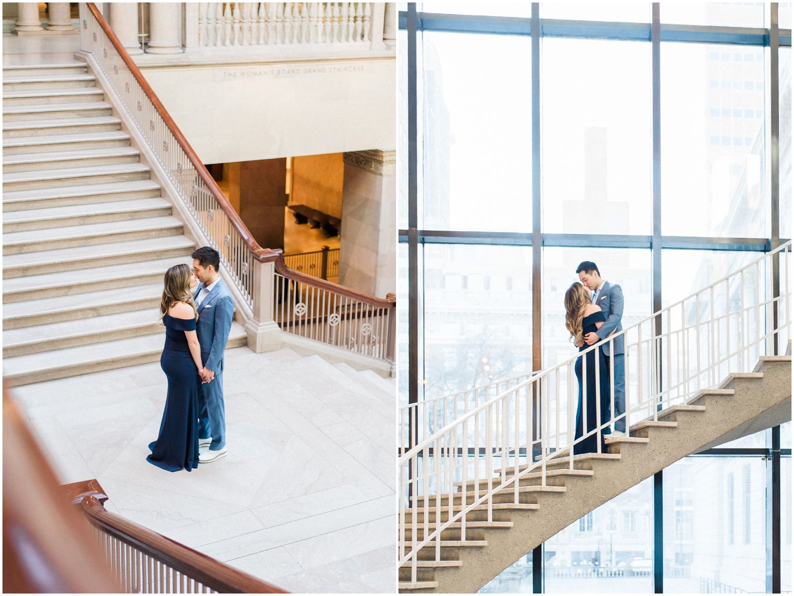 engagement photos on staircases at art institute of chicago