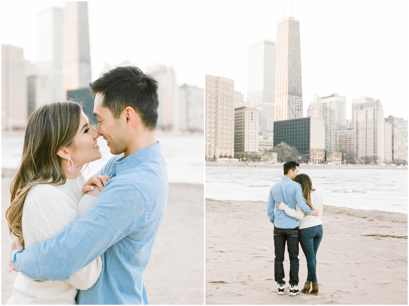 engagement session on beach in downtown chicago