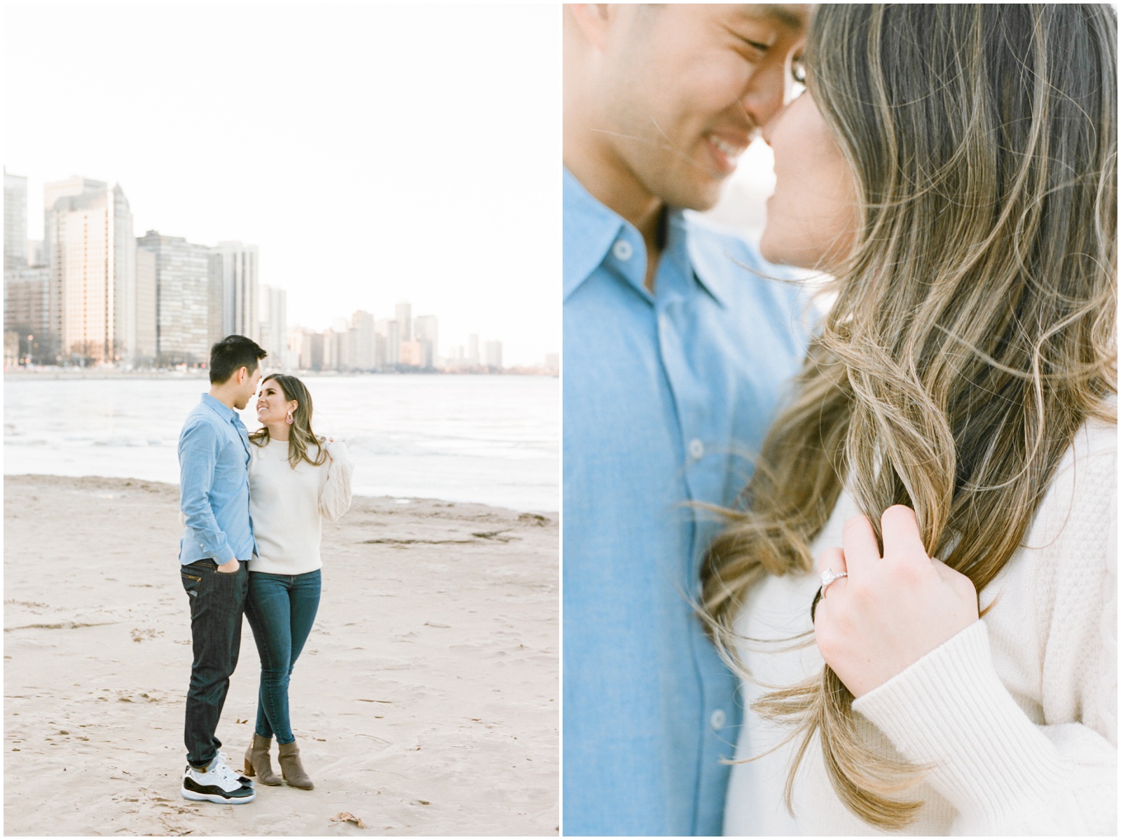 engagement session on beach in winter