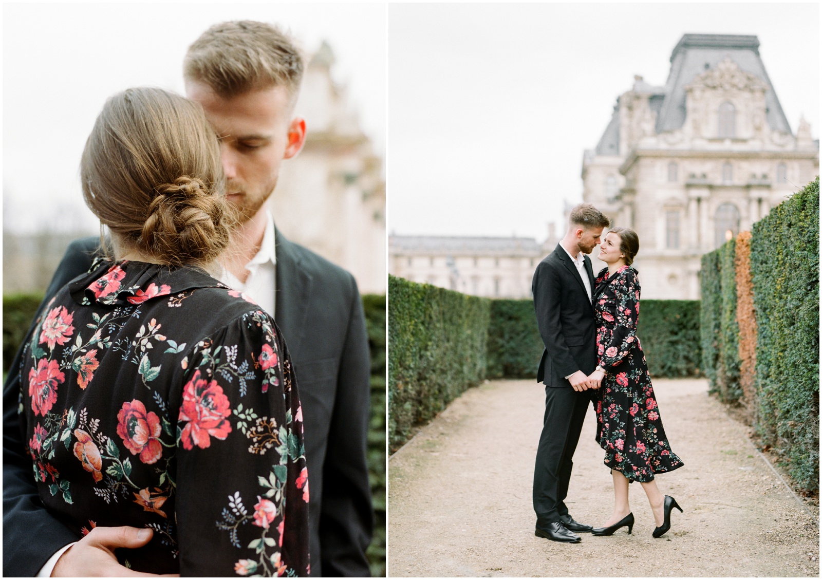 beautiful low chignon hairstyle for engagement session