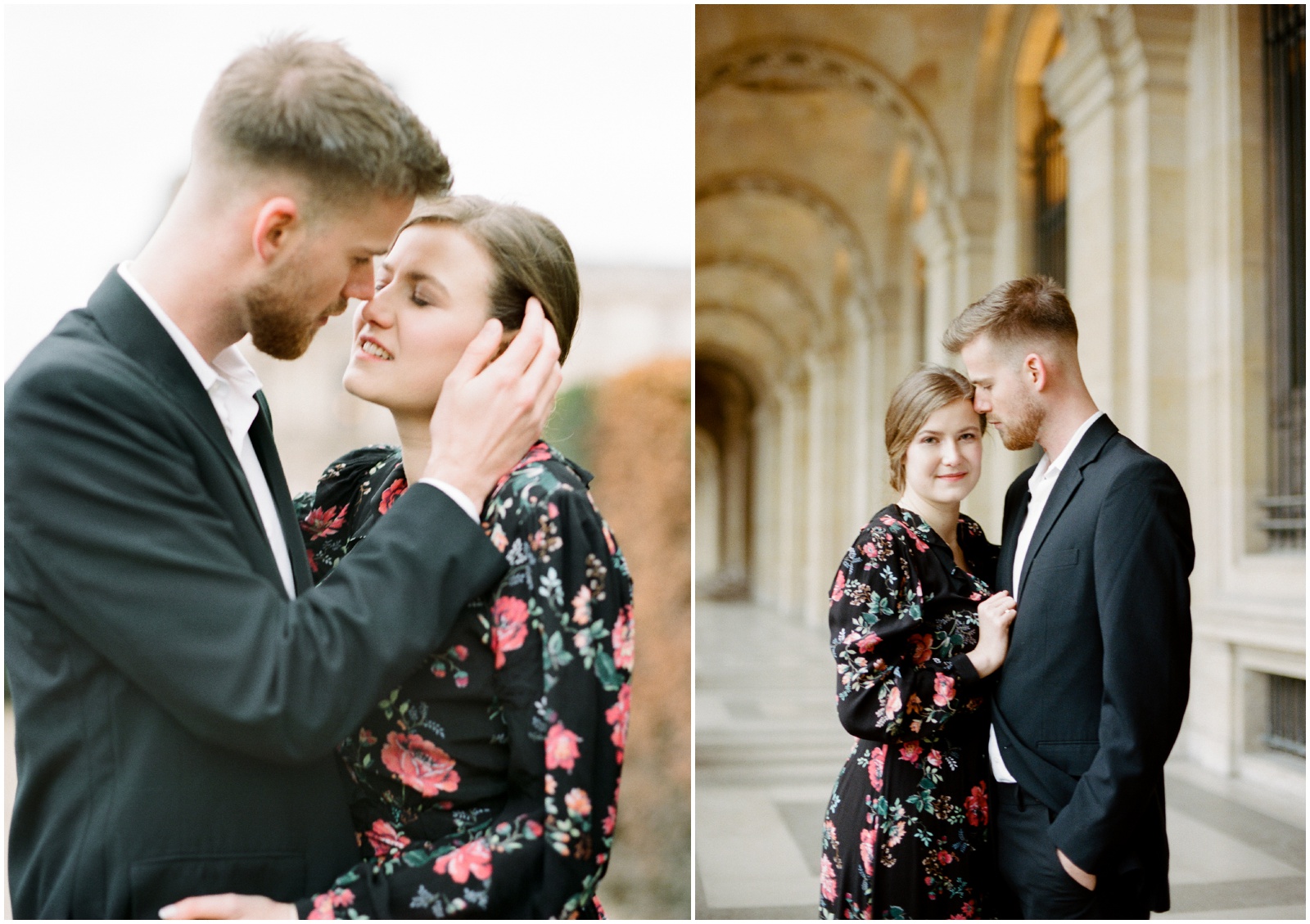 couple standing outside of Louvre Museum for engagement photos