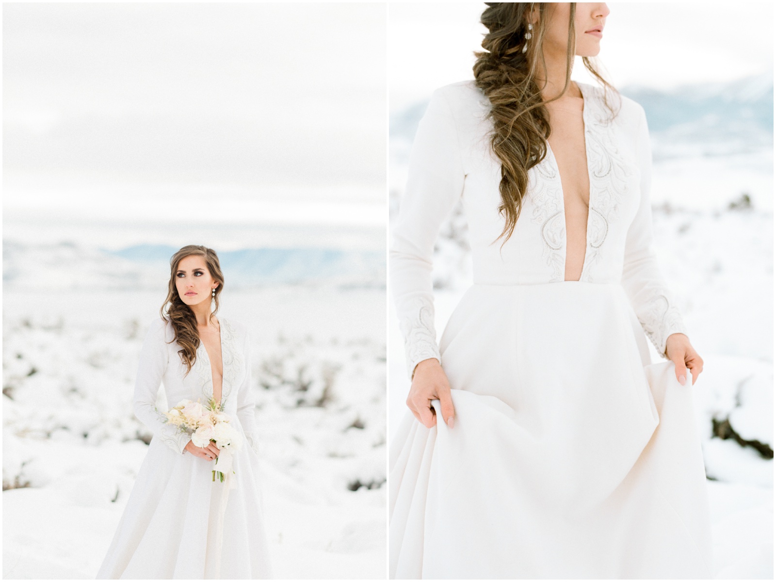bride walking through snowy mountains