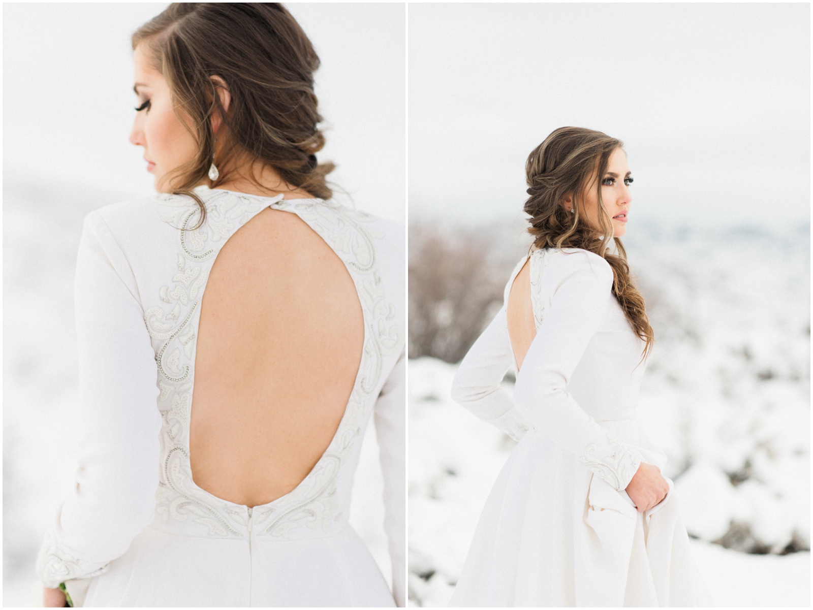 bride in an open back long sleeve wedding gown