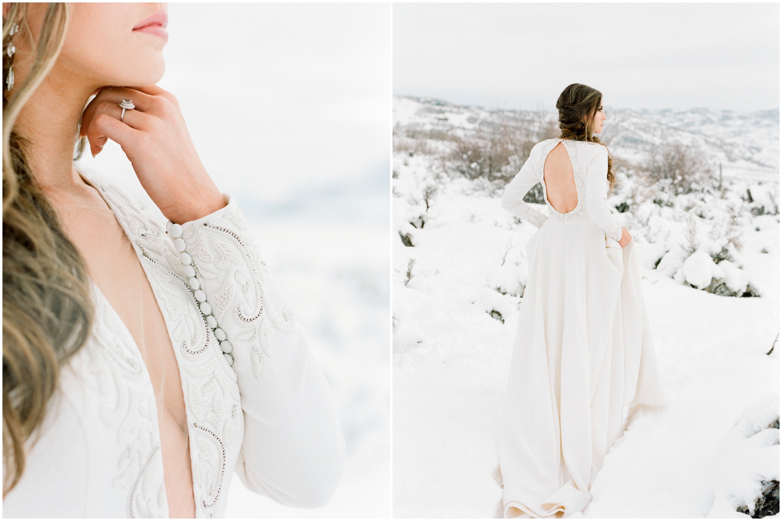 bride walking through snow with an open back dress